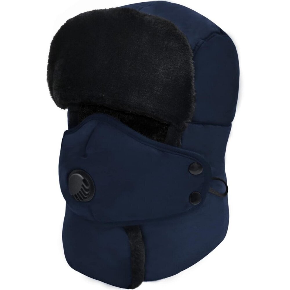 Unisex Blue Winter Trapper Hat Russian with Ear Flap Mask Aviator Cold Weather